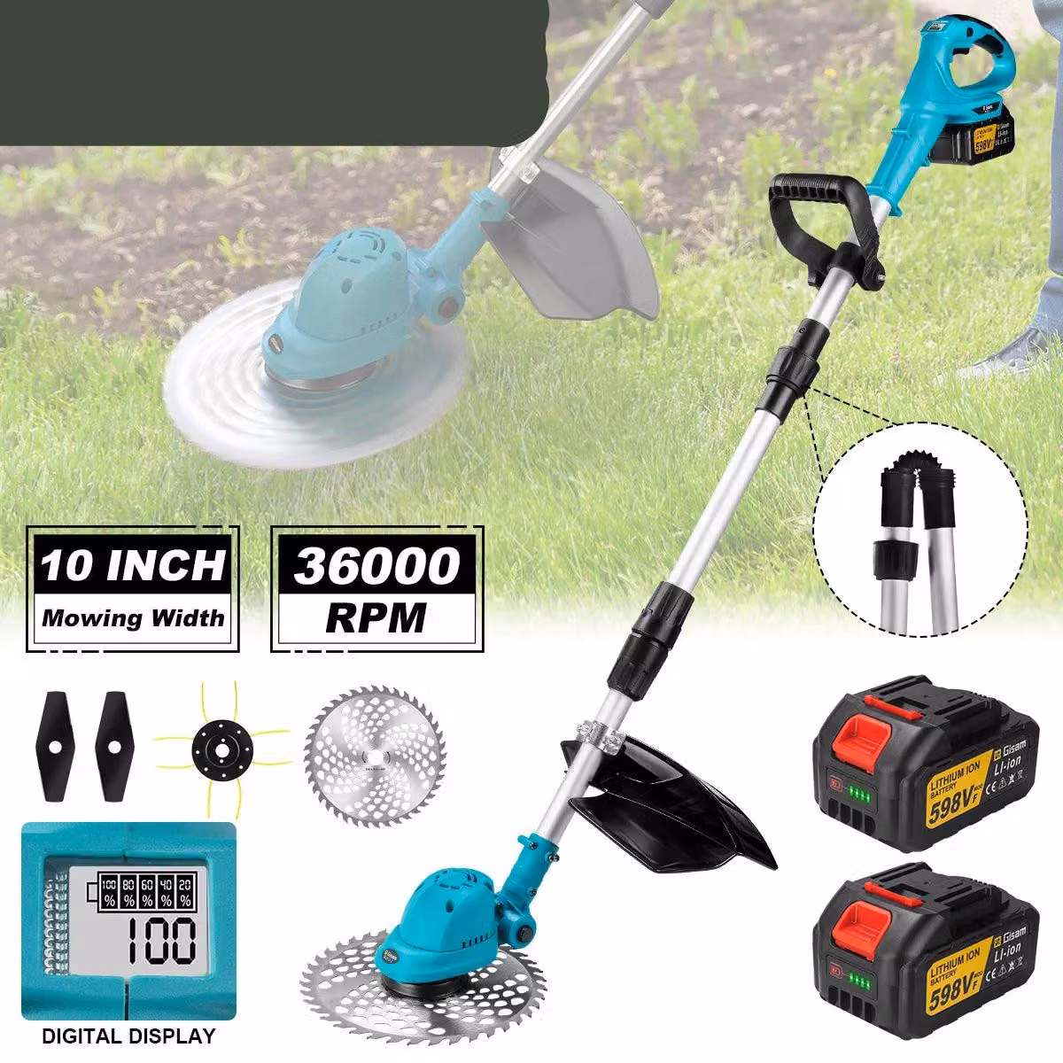 Tagliaerba - Trimmer per erba - Attrezzi da giardino - Coltivatore manuale - Elettrico - 25 cm (10 pollici) - Pieghevole - Senza fili