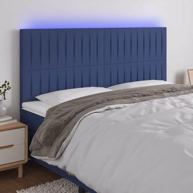 Testiera per letto vidaXL in tessuto blu con illuminazione LED integrata e porta di ricarica USB, L: 200 cm, P: 5 cm, H: 118-128 cm