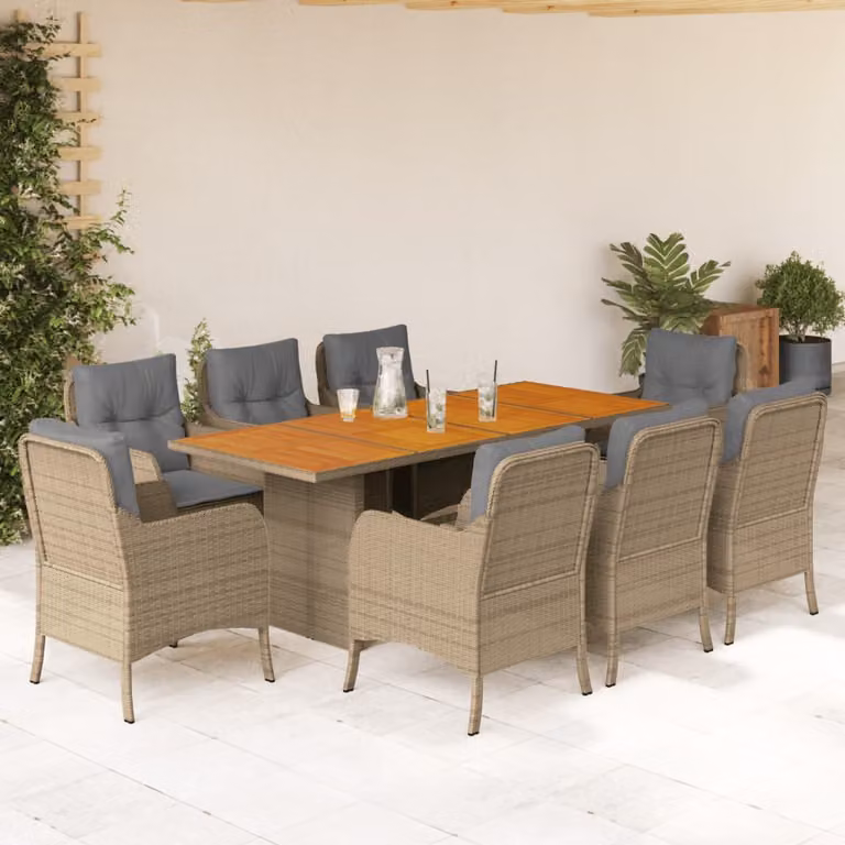 Set da pranzo da giardino vidaXL in polyrattan con cuscini beige e legno di acacia, 9 pezzi