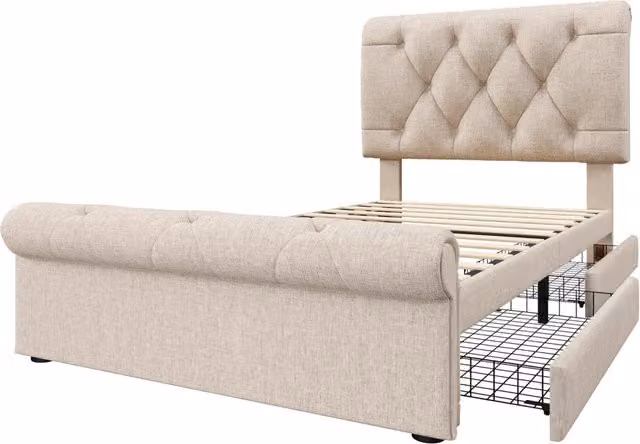 Letto singolo imbottito 90x200 cm con 2 cassetti e testiera regolabile in altezza, modello Chesterfield naturale senza materasso