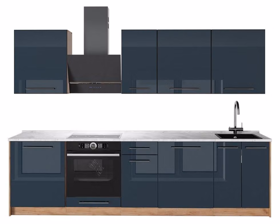 Cucina componibile Vicco Fame-Line Blu scuro lucido/Rovere dorato 280 cm, PL Marmo, Model 65741