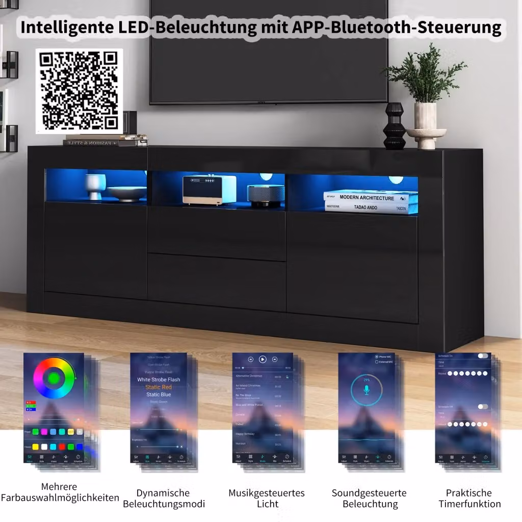 Mobile TV REDOM moderno in nero lucido con illuminazione LED integrata, dotato di 2 ante, 2 cassetti e vani aperti, L/P/H: 160 x 35 x 60 cm – 2