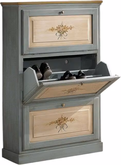 Scarpiera a 3 ante in legno massello Mobili 2G azzurro e ocra L: 80 cm, P: 30 cm, H: 130 cm – 1