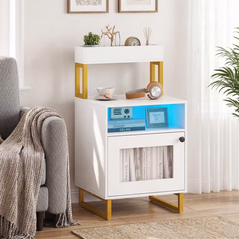 Comodino Costway moderno in metallo con illuminazione LED integrata e scomparto aperto, colore bianco