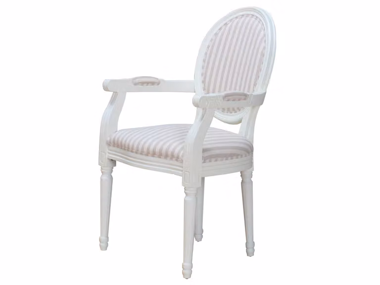Sedia da pranzo Rococò/Amaretta con braccioli bianco antico, tessuto a righe beige.