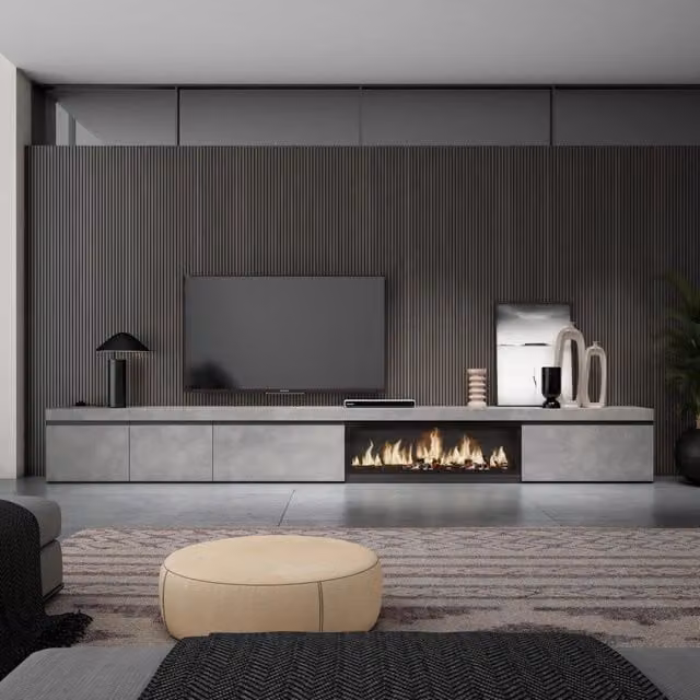 Mobile TV Soggiorno, 368x35x45, Camino elettrico XXL, grigio cemento RF3682