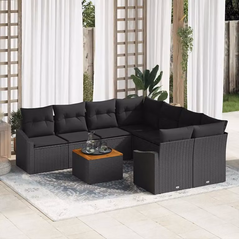 vidaXL Set Divano da Giardino a L con Tavolino Nero in Polyrattan e Cuscini