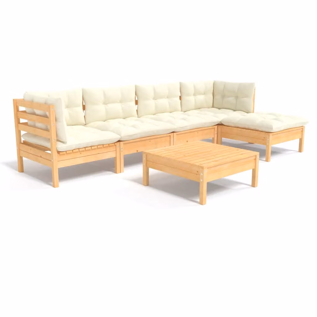 Set Salotto da Giardino 6 pz con Cuscini Crema Legno di Pino