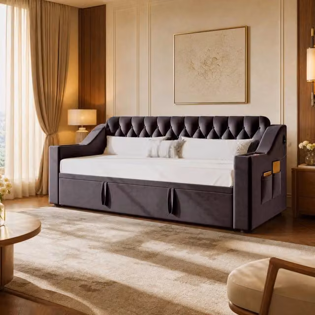 Divano letto imbottito ULEVR 90x190 cm, estensibile a 180x190 cm, grigio, con contenitori, USB e rete a doghe