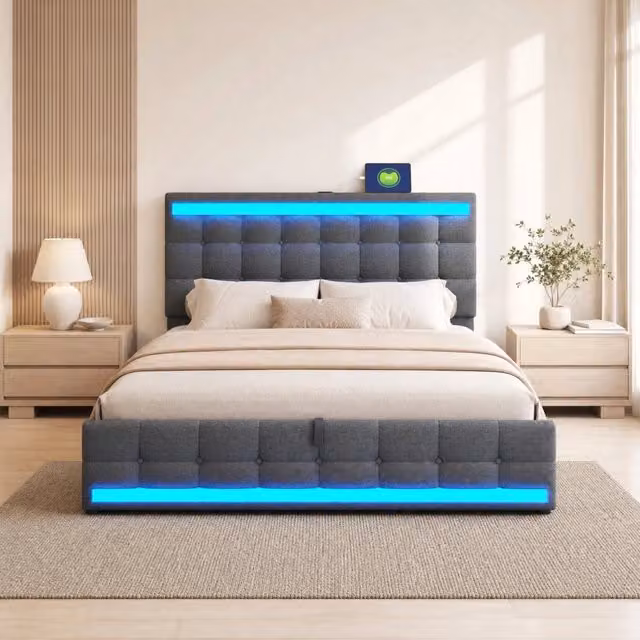 Letto imbottito 180x200 cm grigio con LED RGB, USB e testiera regolabile