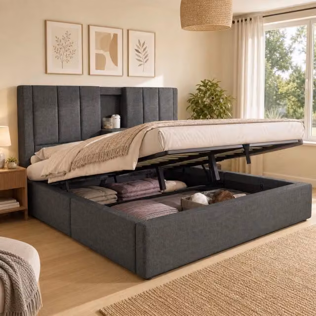 Letto matrimoniale imbottito 180x200 cm con porta bicchiere nascosto, stazione di ricarica USB e contenitore sottoletto, grigio lino, senza materasso