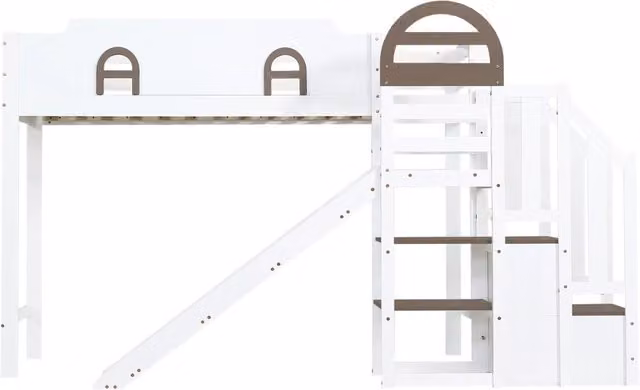 Letto a castello per bambini con scivolo, scala con corrimano e 2 armadietti, legno di pino e MDF bianco e marrone, 90x200 cm
