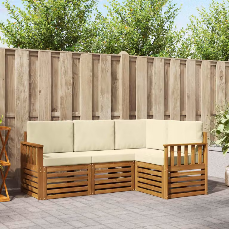 Set di divani da esterno vidaXL 4 pz in legno di acacia con cuscini beige e bianco in stile moderno a forma di L per giardino e terrazza