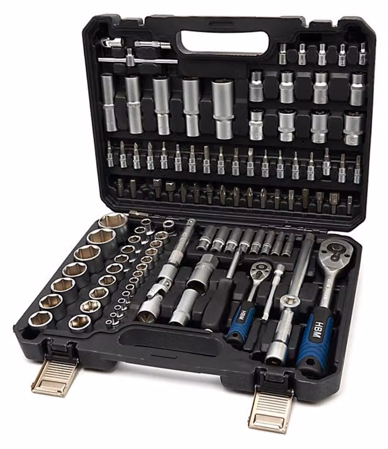Valigetta utensili professionale con set-kit di chiavi a bussola Acciaio al carbonio, torx, cricchetti, prolunghe, attrezzi per auto, officina fai-da-te con attacchi 1/2" e 1/4", 108 pezzi Hbm Machines