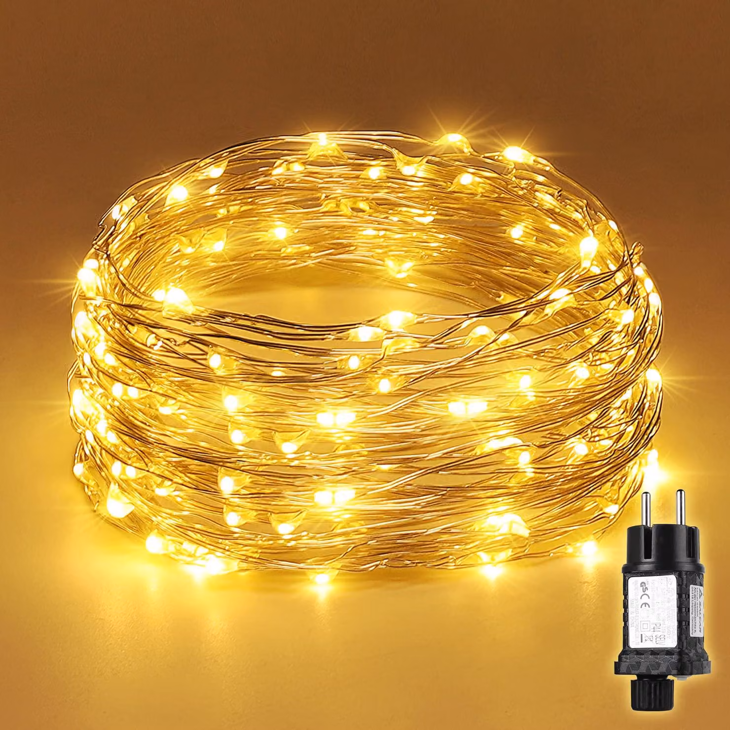 Catena luminosa a LED, 20 metri, 200 LED, luce bianco caldo, grado di protezione IP44, 8 modalità