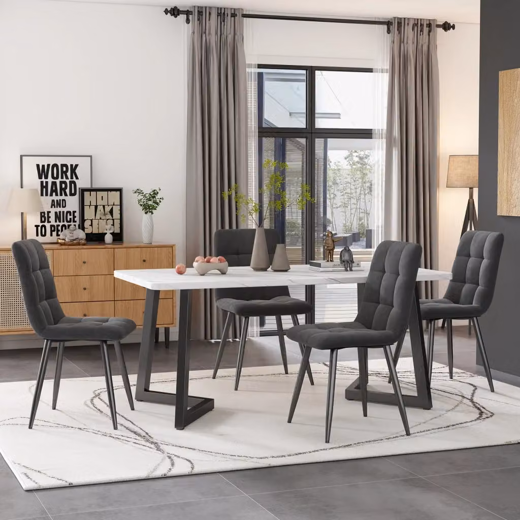 Set tavolo da pranzo rettangolare Mivray con 4 sedie, piano in MDF laminato con decoro astratto e gambe in metallo, colori grigio, bianco e nero, L: 117 cm, P: 68 cm, H: 75 cm – 2