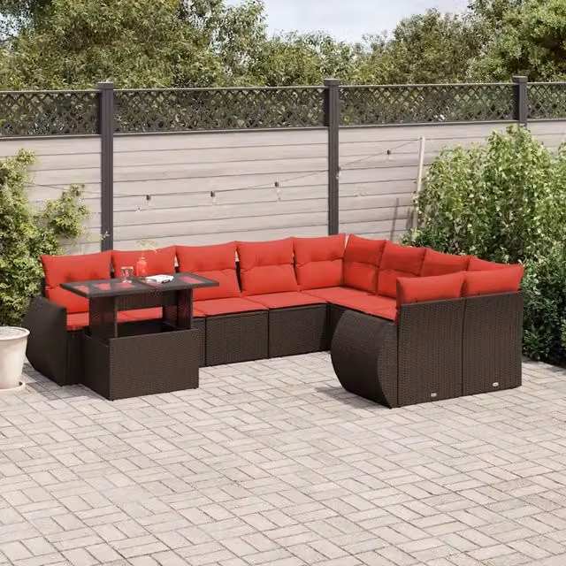 Set Divani da Giardino 10 pz con Cuscini Marrone in Polyrattan 3268774