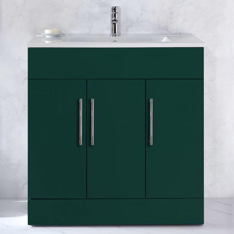 Mobile Bagno a Terra Verde Scuro da 810mm con Lavabo e Maniglie con Barra a T Cromate - Cluo