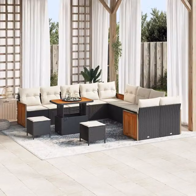 Set Divano da Giardino Moderno vidaXL da 10 Posti con Tavolino e Pouf, Colore Nero e Beige