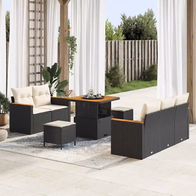 Set Divano da Giardino 10 pz 7-Numero di posti Nero e Crema 3364935