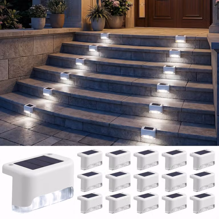 Set di 16 luci solari per scale, luce bianca fredda, LED, grado di protezione IP65, impermeabili