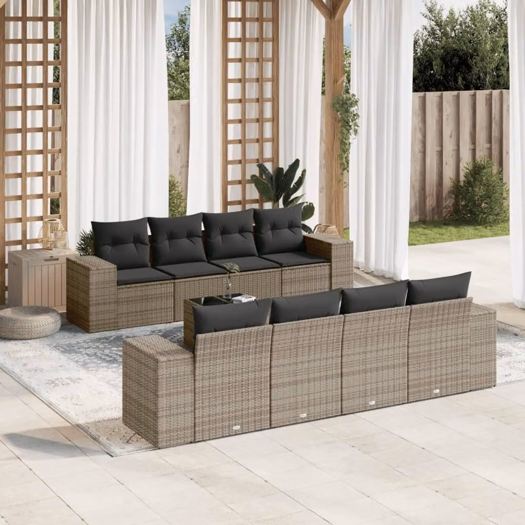 vidaXL Set Divano da Giardino 9 pz in Polyrattan Grigio con Cuscini e Tavolino da Caffè – 1