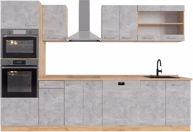 Cucina componibile moderna Vicco R-Line Calcestruzzo e Rovere dorato, larghezza: 300 cm, con armadio alto e senza piano di lavoro