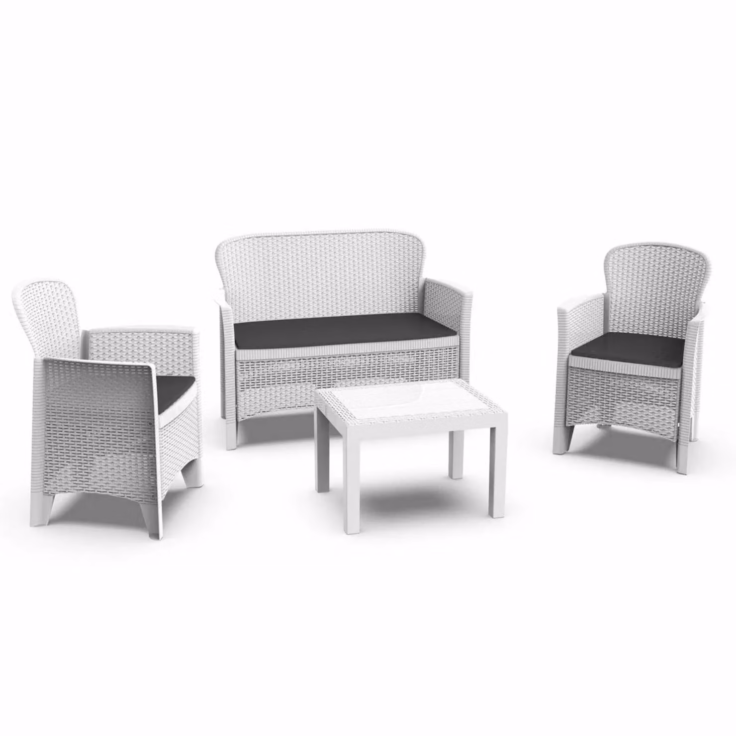 Set da giardino moderno PROGARDEN Linea Jungle in rattan bianco con divano a 2 posti, poltrona lounge, tavolino da caffè e cuscini inclusi
