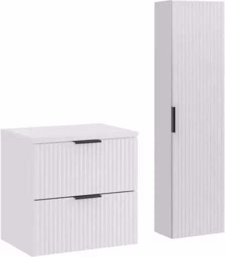 Set da bagno NOXERA 60 cm - Mobile sottolavabo sospeso bianco alpino opaco con piano per lavabo e colonna murale