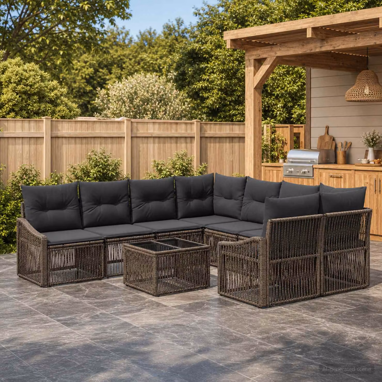 Set Divano da Giardino vidaXL 9 pz in Polyrattan Grigio con Tavolino e Cuscini