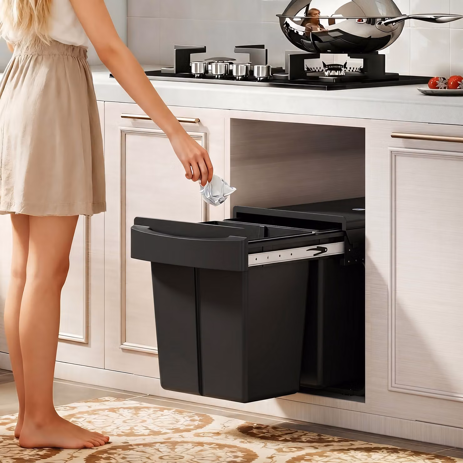 Pattumiera sottolavello estraibile HOMCOM per raccolta differenziata con 2 secchi interni removibili da 20L, Nero, L: 52 cm, P: 33,5 cm, H: 41 cm – 2