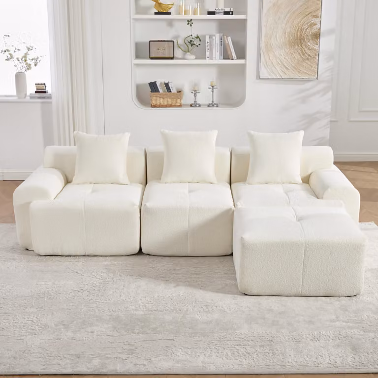 Divano "Wolken" con poggiapiedi, a forma di L, tre posti, imbottitura in memory foam, senza necessità di montaggio, dimensioni 268x102x78 (beige)