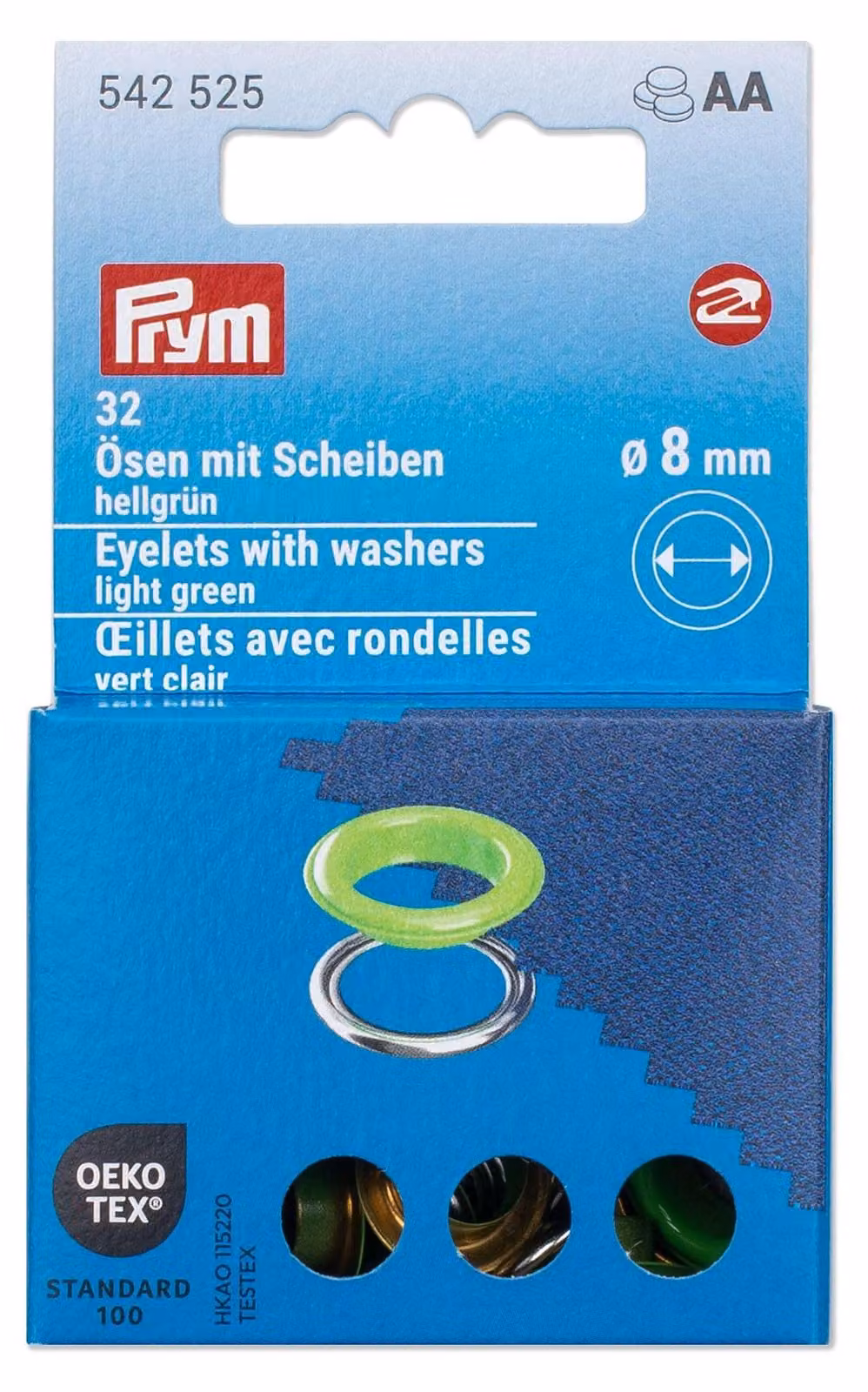 Occhielli con rondelle, 8 mm, 32 pezzi, verde chiaro/argento, in ottone