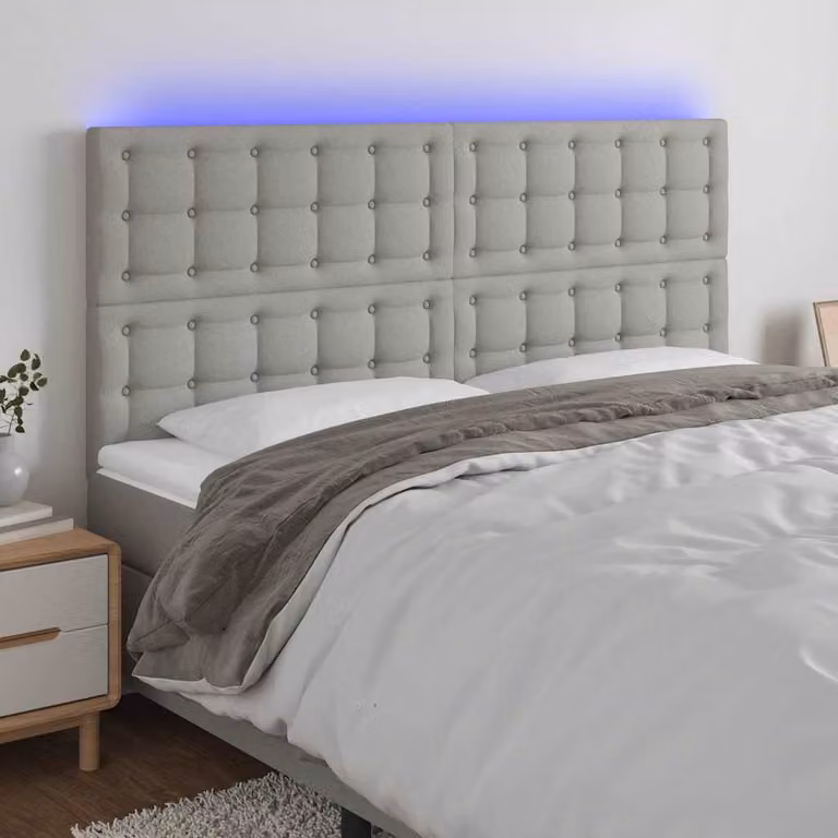 Testiera per letto con illuminazione LED e porte USB vidaXL in tessuto grigio, L: 200 cm, H: 118/128 cm, P: 5 cm