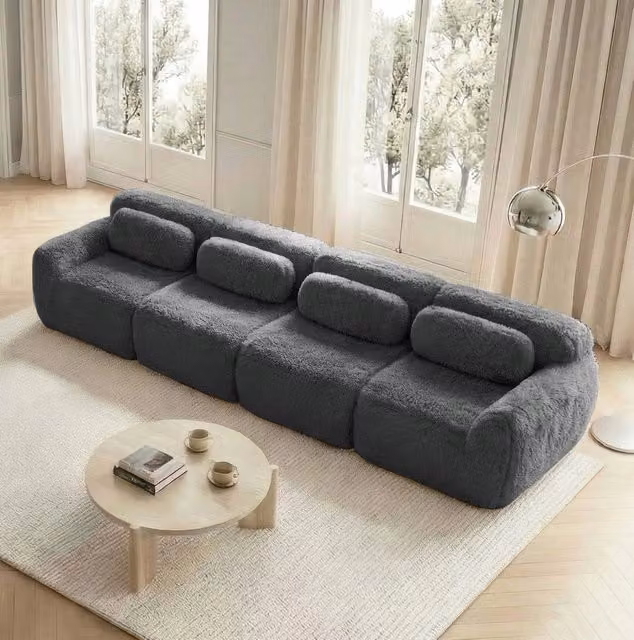 Divano angolare modulare senza telaio in tessuto peluche; 378x104x73 cm; grigio