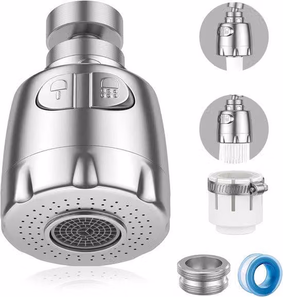 Ugello a risparmio idrico per cucina e bagno con testa di spruzzo girevole a 360 gradi, 2 modalità di funzionamento