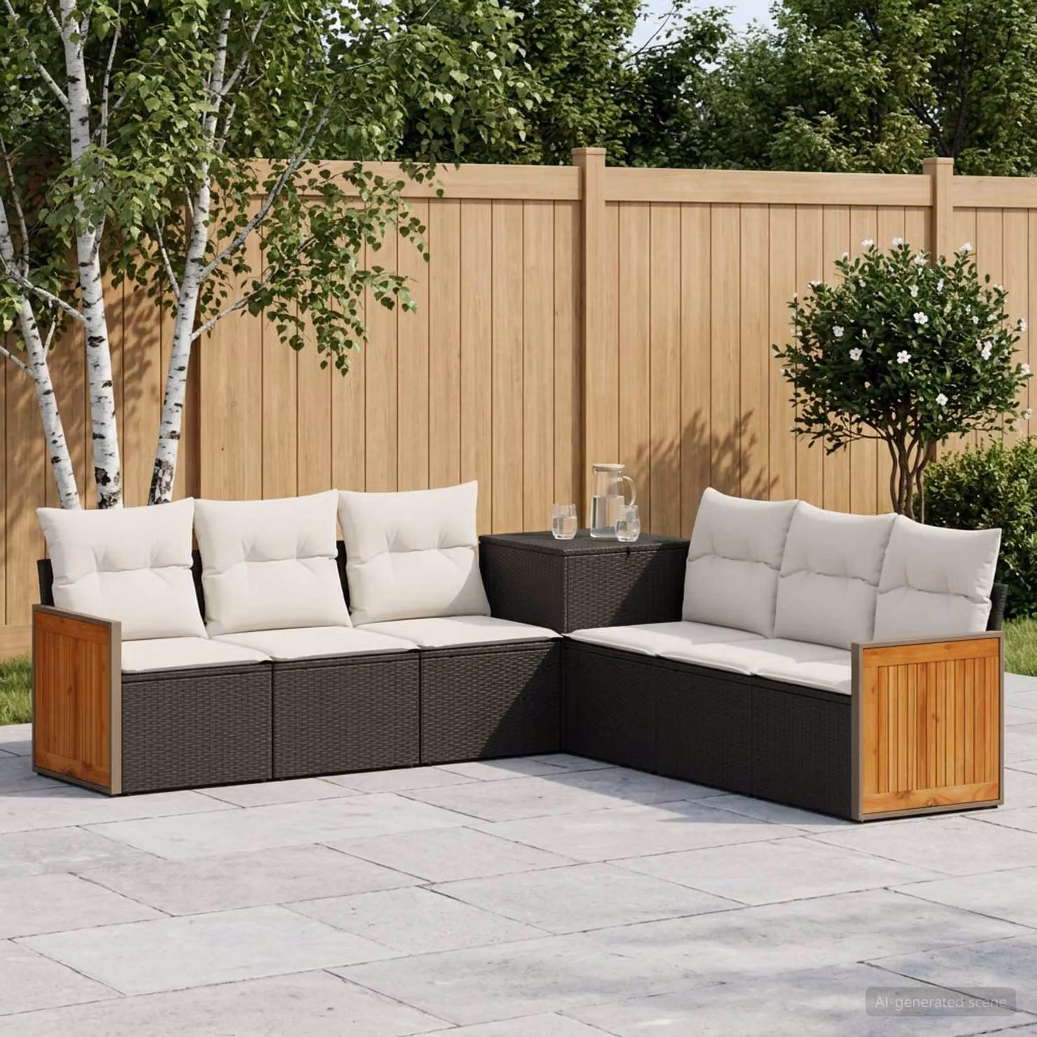 Set di divani da giardino vidaXL in polyrattan nero e bianco con cuscini inclusi e struttura in metallo