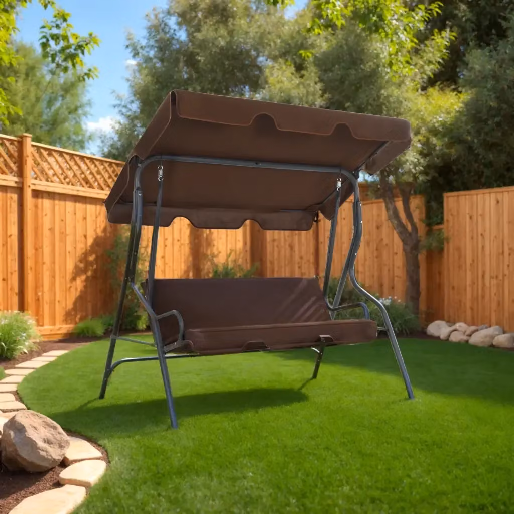 Panchina a dondolo da giardino con tendalino parasole marrone in acciaio e tessuto resistente L/P/H: 170 x 110 x 153 cm – 2