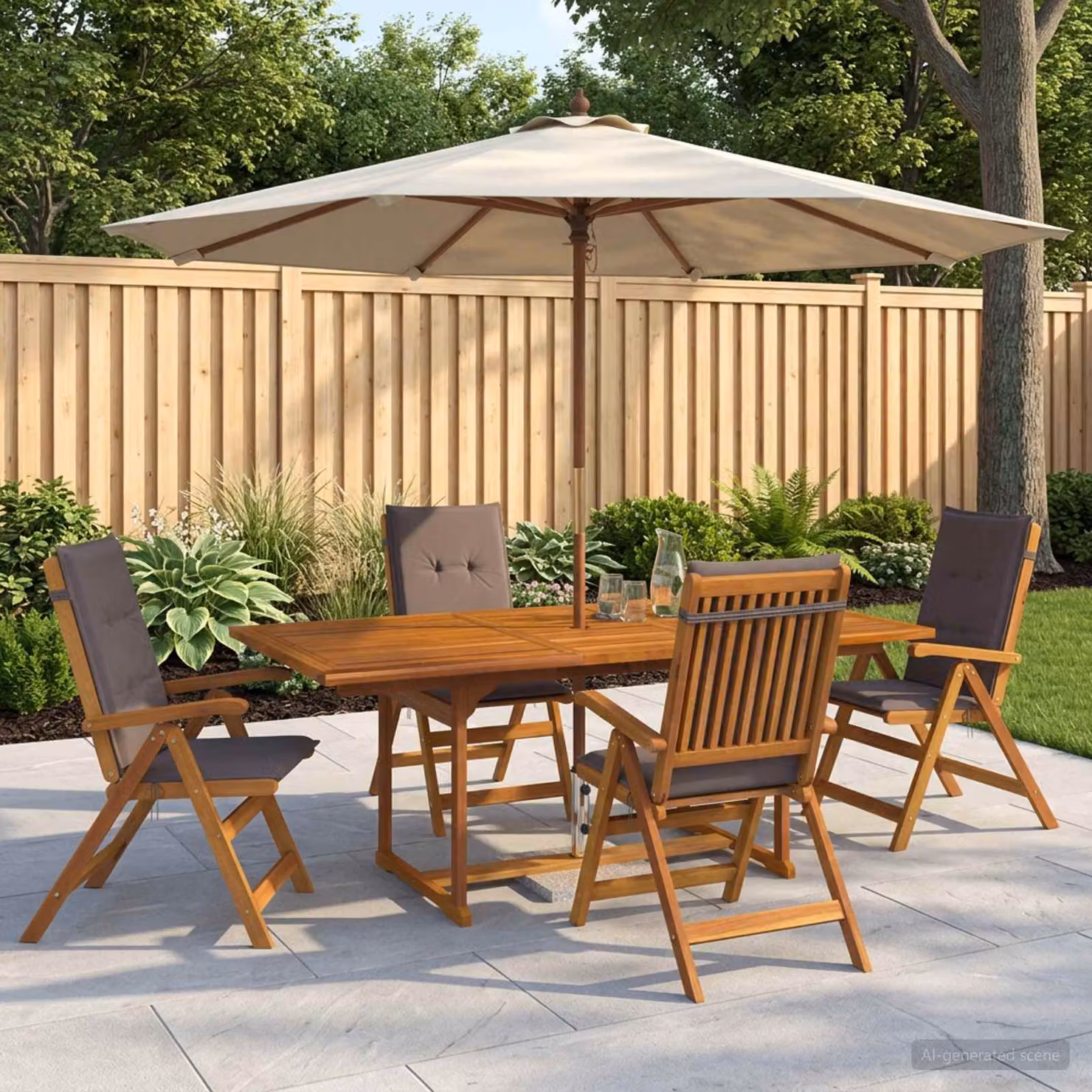 Set da pranzo da giardino vidaXL in legno di acacia naturale composto da 5 pezzi con tavolo rettangolare estensibile e sedie
