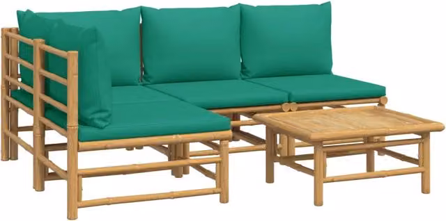 Set di mobili da giardino Outsunny in bambù con 5 pezzi, divano a 3 posti, elemento angolare e tavolino da caffè, colore verde e marrone