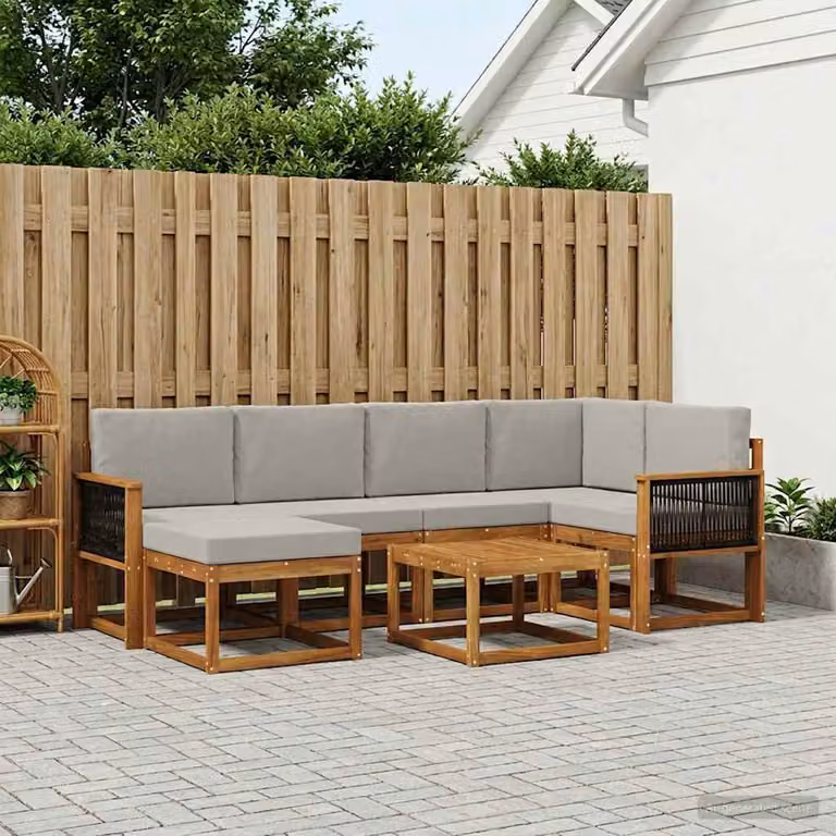 Set di divani da esterno vidaXL 7 pz in legno di acacia con cuscini, forma a L, colori beige, grigio e marrone