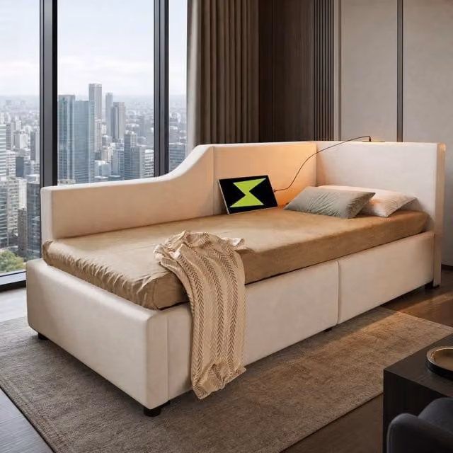 Letto singolo imbottito 90 × 200 cm in velluto beige con vano contenitore luce da lettura e ricarica USB-C