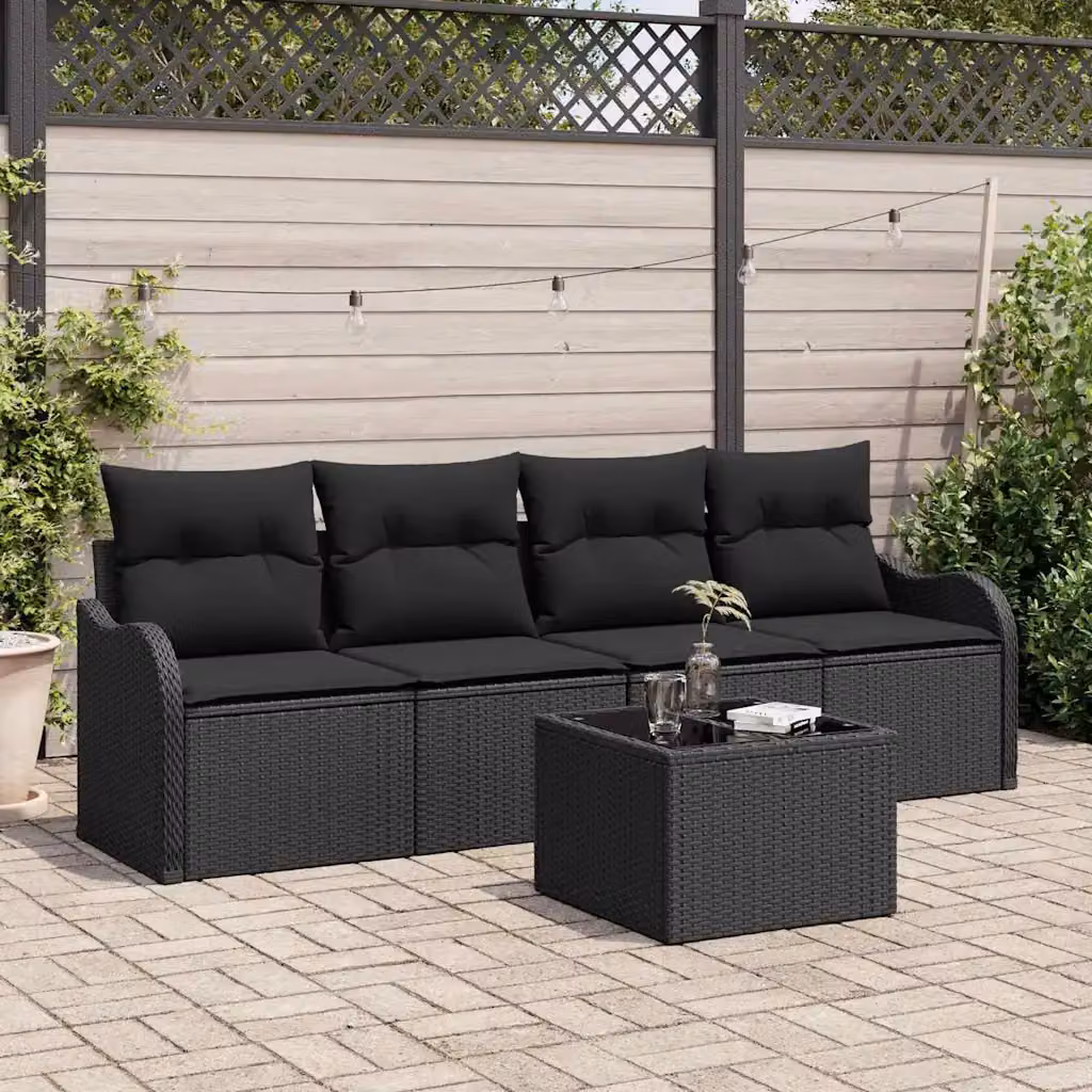 Set Divano da Giardino Moderno vidaXL a Forma a L con Tavolino e Cuscini, Colore Nero – 1