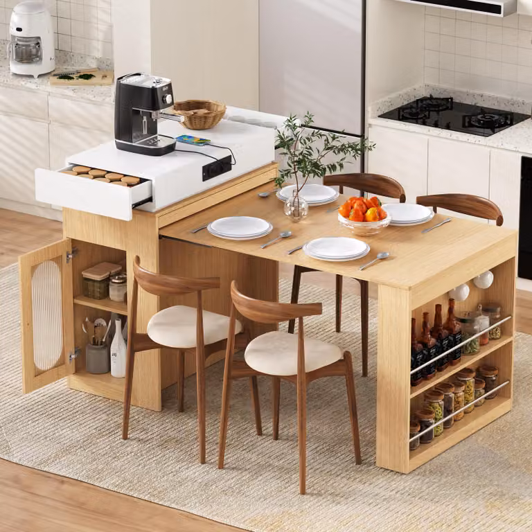 Tavolo allungabile con ruote, piano pieghevole, tavolo da bar con prese elettriche e ganci, tavolo da cucina per cucina e sala da pranzo, stile naturale