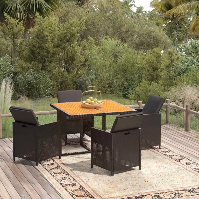 Set da pranzo da giardino vidaXL in polyrattan e legno di acacia nero con 5 pezzi e cuscini