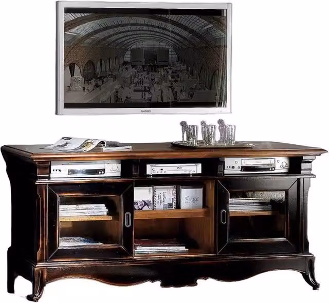 Mobile porta TV MOBILI 2G in legno stile shabby chic nero con 2 ante, L: 163 cm, P: 50 cm, H: 76 cm