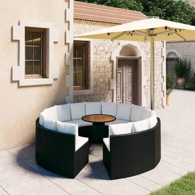 Set di Divani da Giardino vidaXL 9 Pezzi con Tavolino e Cuscini in Polyrattan e Legno di Acacia, Forma a U, Colore Nero, Marrone e Bianco – 1