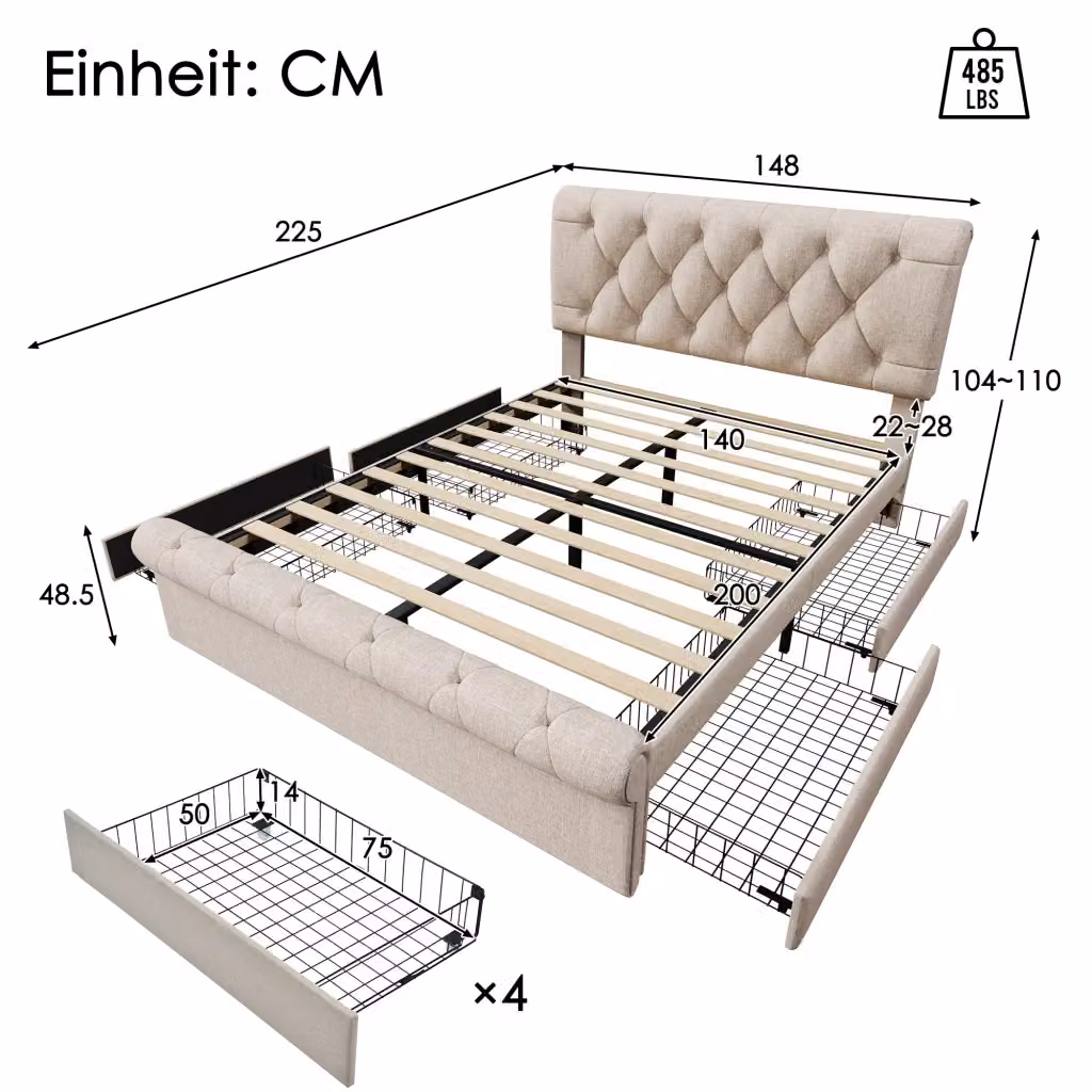 Letto imbottito Chesterfield KOMHTOM in tessuto beige con struttura in metallo e legno naturale L/P/H: 225 x 140 x 104 cm – 2