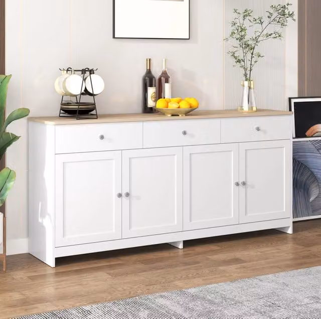Credenza 160x37x75 cm bianca e legno – 4 ante, 3 cassetti, ripiani regolabili