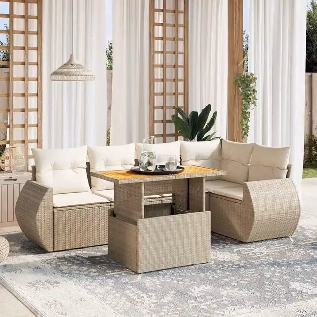 Set Divano da Giardino a L VIDAXL in Polyrattan Beige con 6 Cuscini